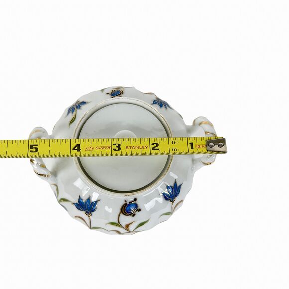 Jar Lid White Ceramic Blue Flowers Gold Trim Side Handles Decorative 4.75" Tall - Picture 12 of 12
